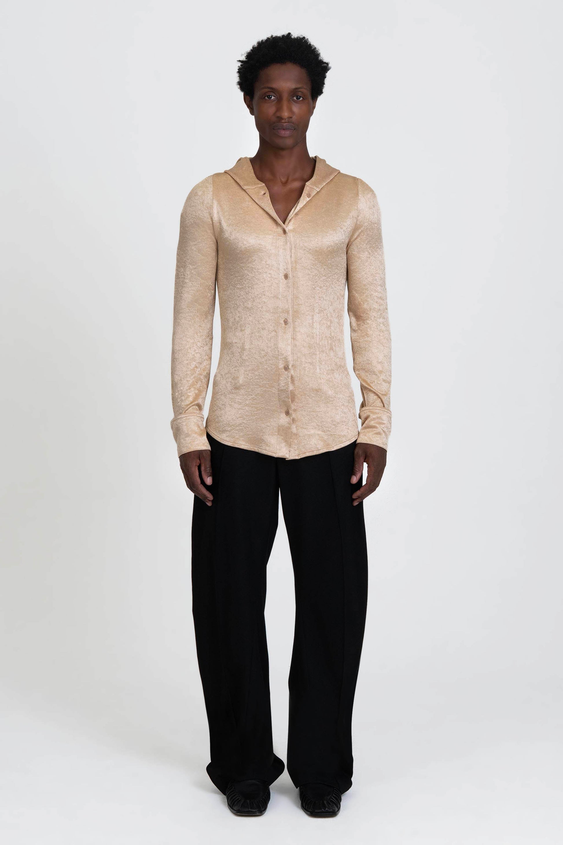 Bianca Saunders Slot Hooded Shirt in Boulder Gold - men's hooded shirt front