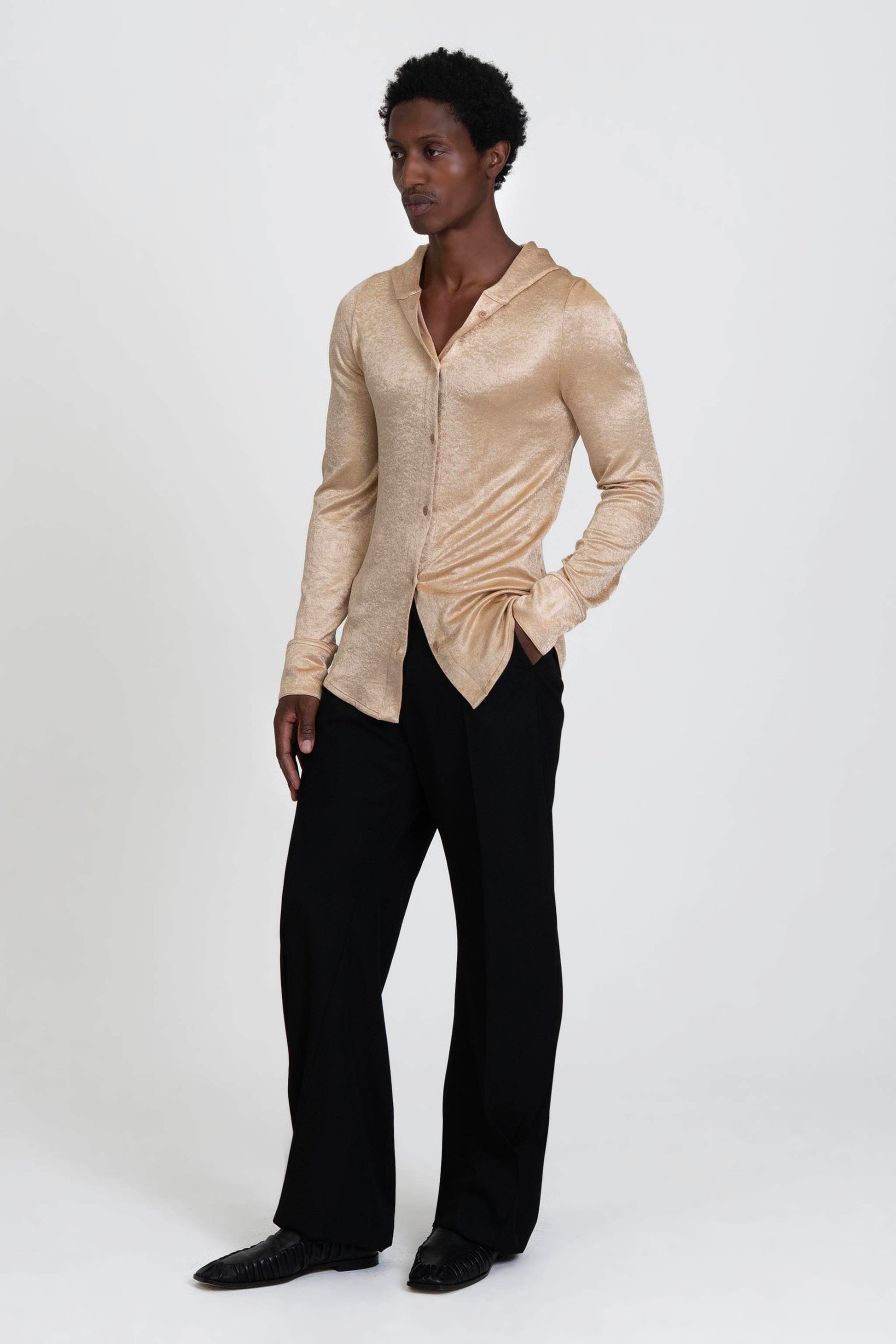 Bianca Saunders Slot Hooded Shirt Boulder Gold with two-piece hood - back view