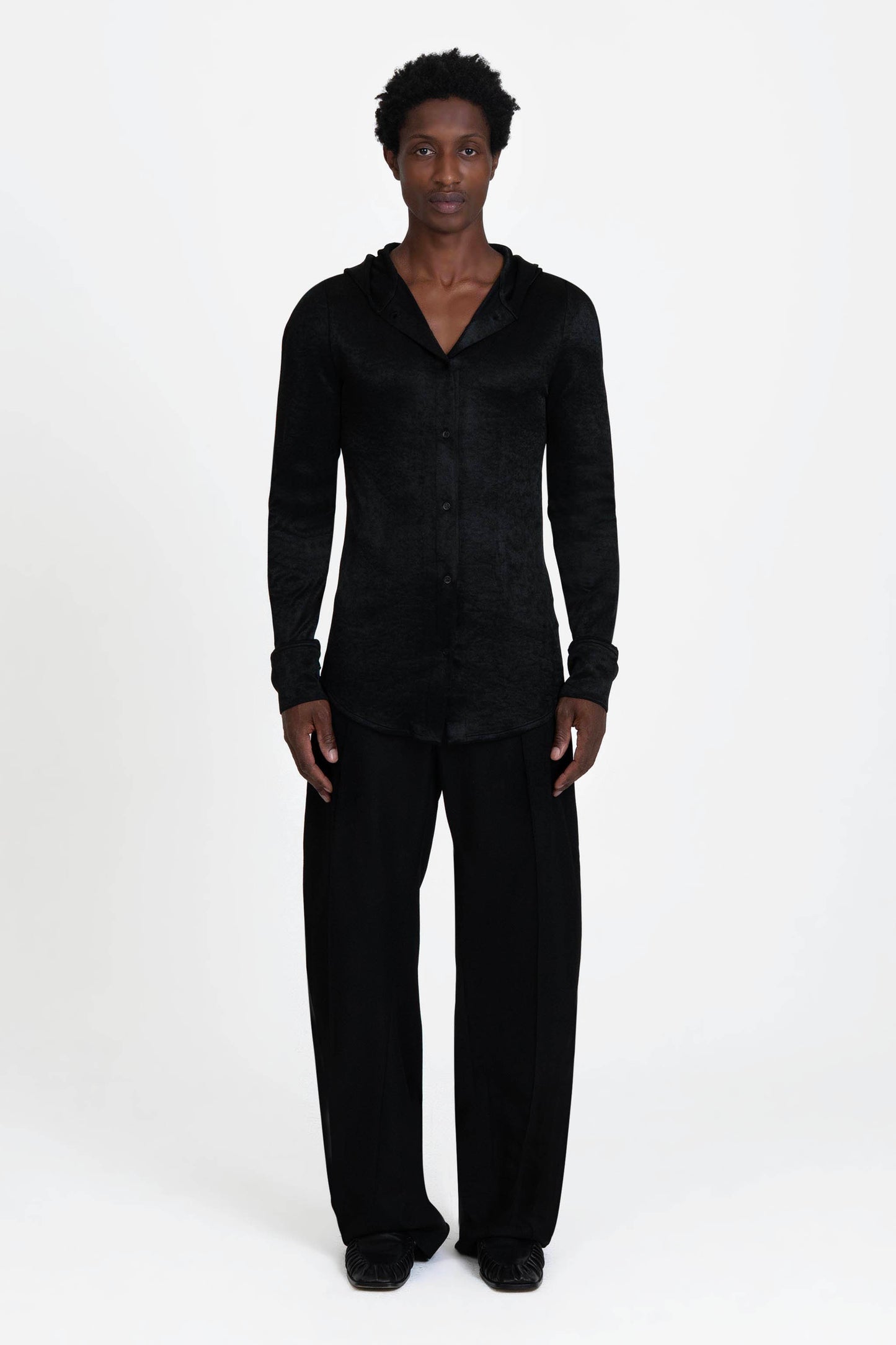 Bianca Saunders Slot Hooded Shirt in Jet Black - men's hooded shirt front