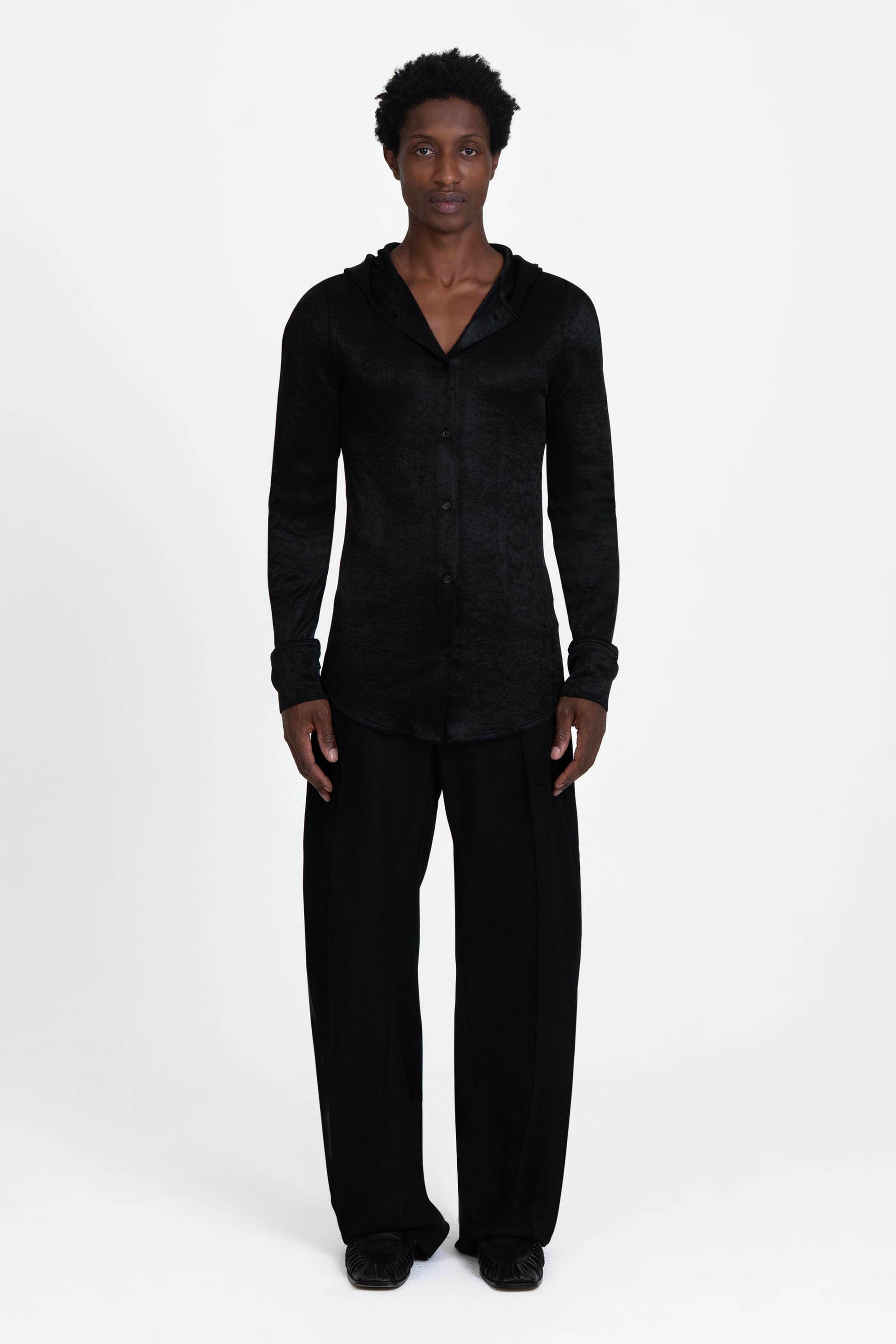 Bianca Saunders Slot Hooded Shirt in Jet Black - men's hooded shirt front