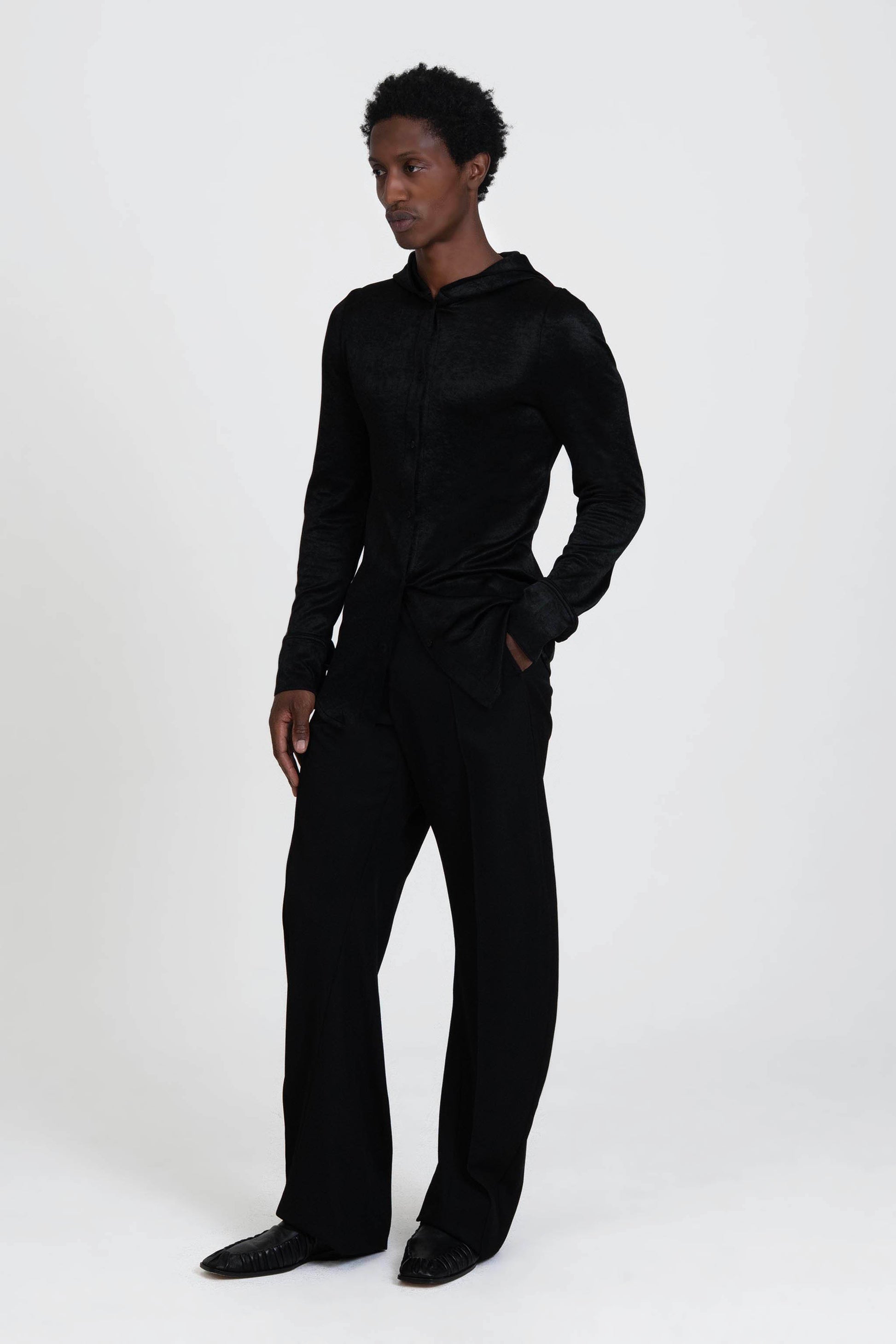 Bianca Saunders Slot Hooded Shirt Jet Black with hood detail - back view