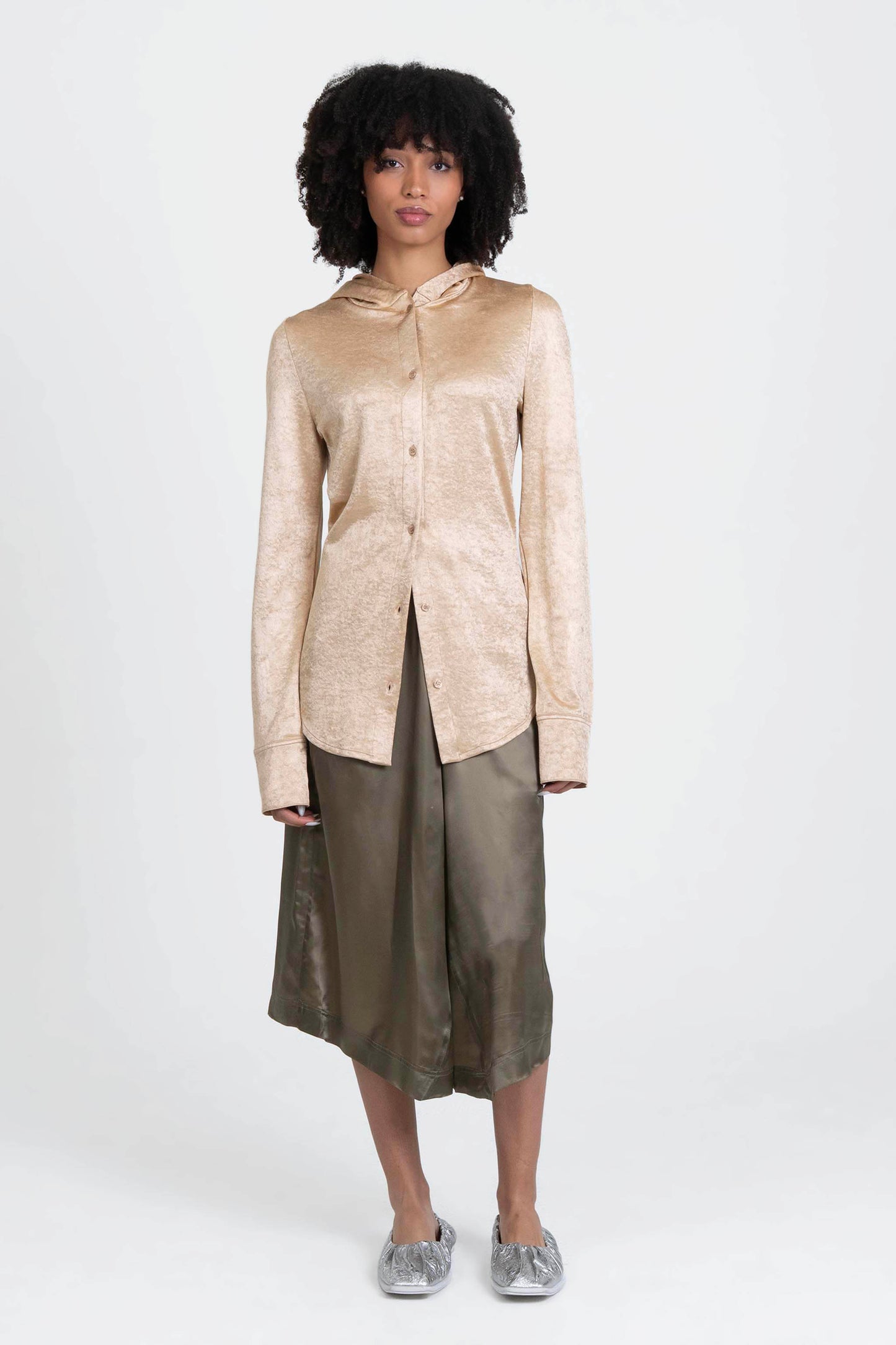 Bianca Saunders Slot Hooded Shirt in Boulder Gold - women's hooded shirt front